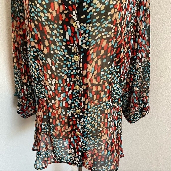 Joanna Puff 3/4 Sleeve Sheer Gold Accent Blue Red Black Sexy Top Size 2X - Picture 4 of 11